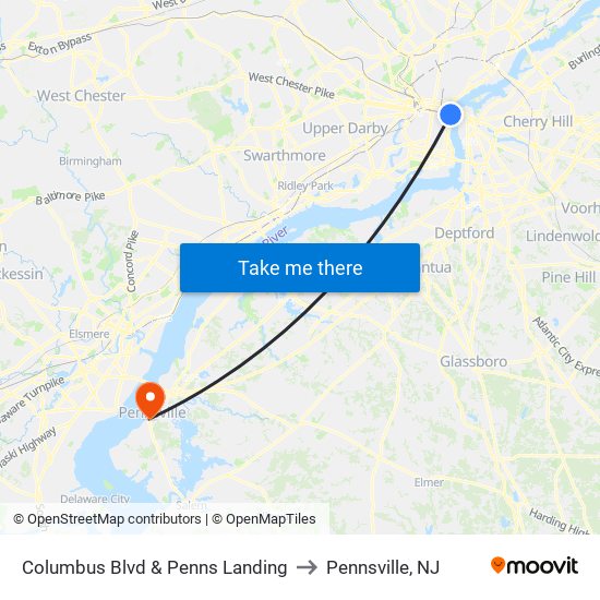 Columbus Blvd & Penns Landing to Pennsville, NJ map