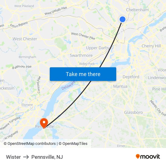 Wister to Pennsville, NJ map