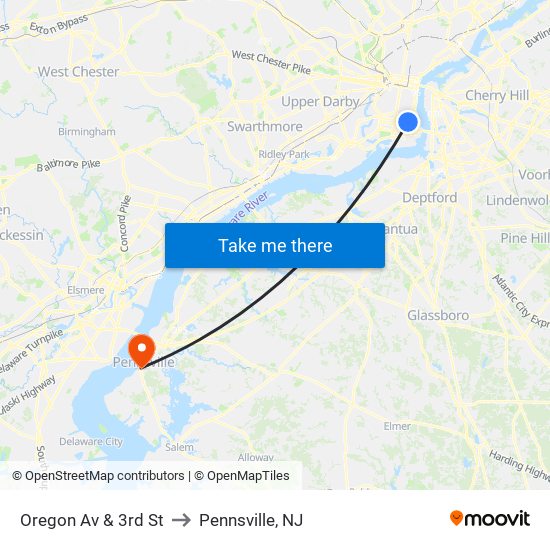 Oregon Av & 3rd St to Pennsville, NJ map