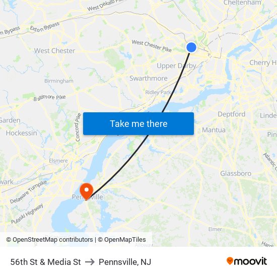 56th St & Media St to Pennsville, NJ map