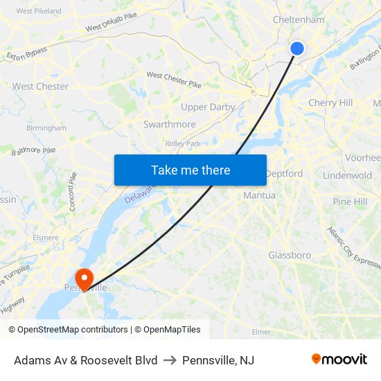 Adams Av & Roosevelt Blvd to Pennsville, NJ map