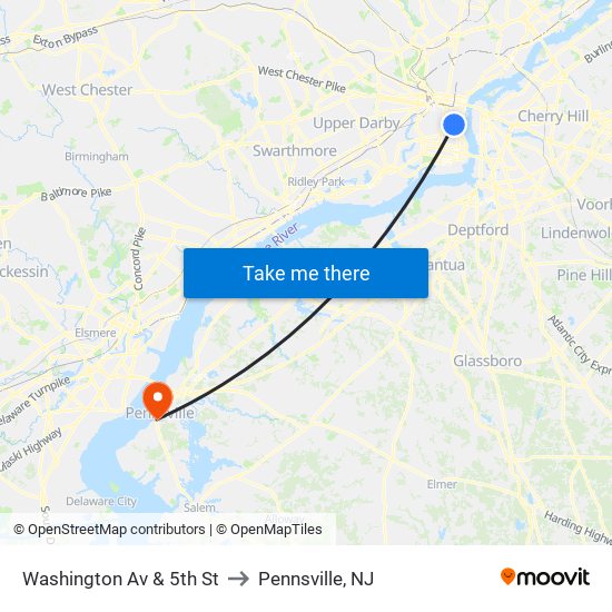 Washington Av & 5th St to Pennsville, NJ map