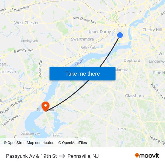 Passyunk Av & 19th St to Pennsville, NJ map