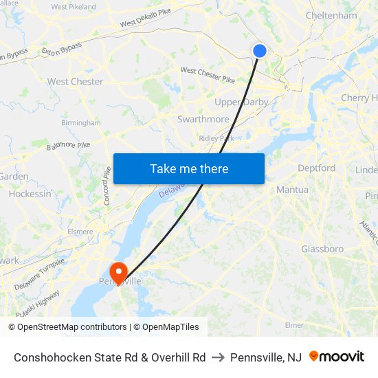 Conshohocken State Rd & Overhill Rd to Pennsville, NJ map