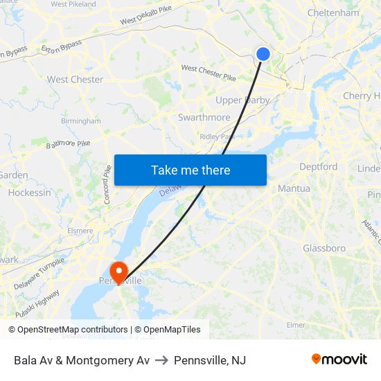 Bala Av & Montgomery Av to Pennsville, NJ map