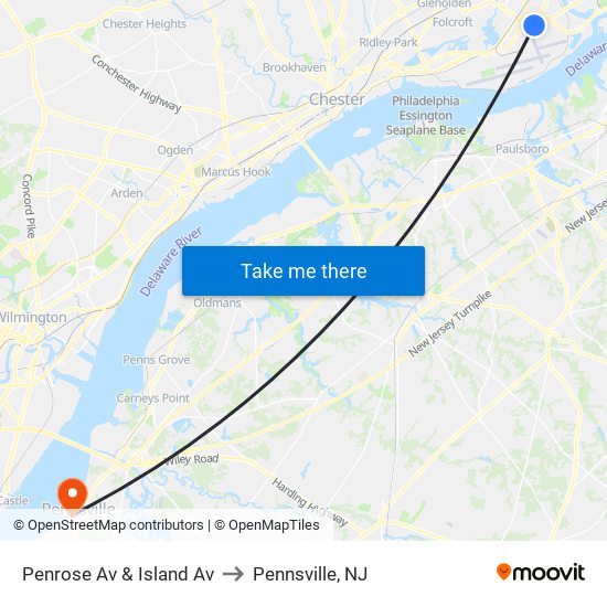 Penrose Av & Island Av to Pennsville, NJ map