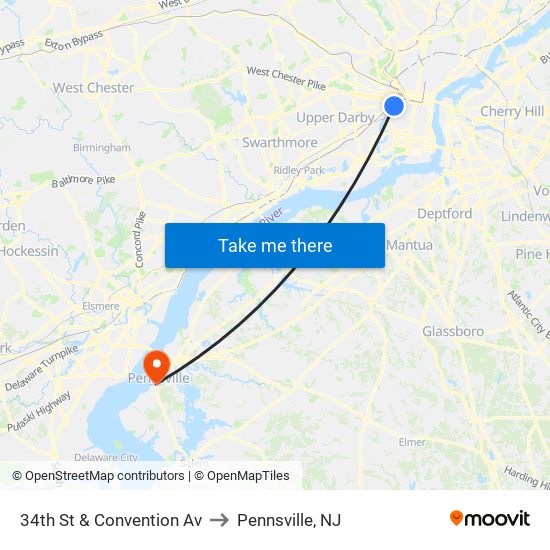 34th St & Convention Av to Pennsville, NJ map