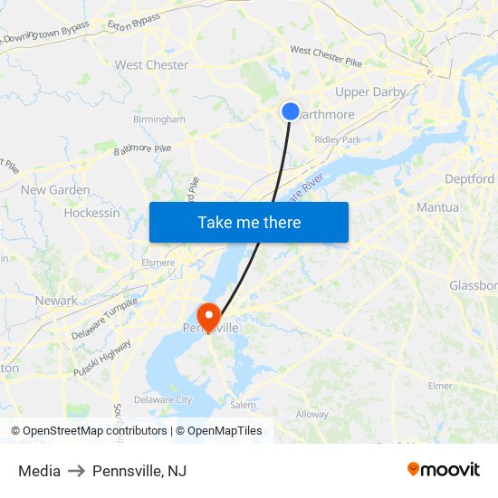Media to Pennsville, NJ map
