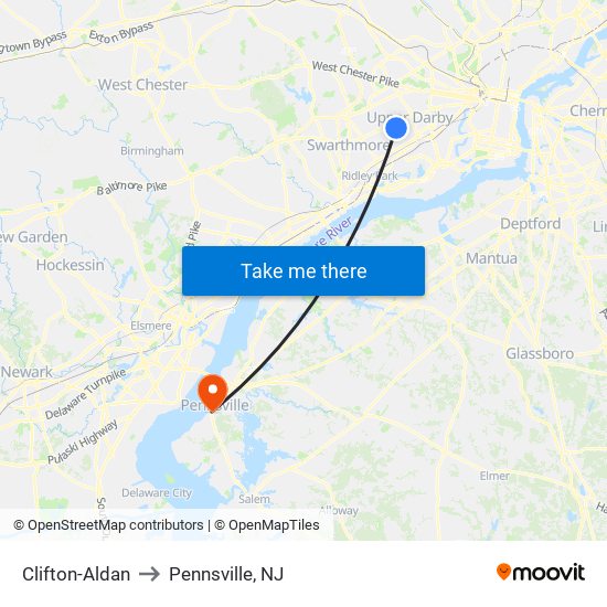 Clifton-Aldan to Pennsville, NJ map