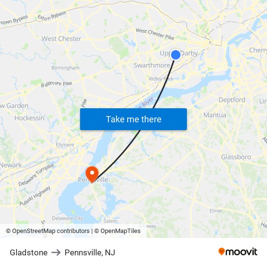 Gladstone to Pennsville, NJ map
