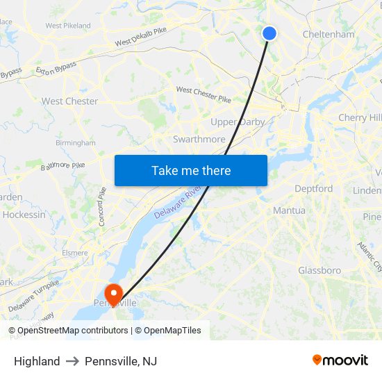 Highland to Pennsville, NJ map