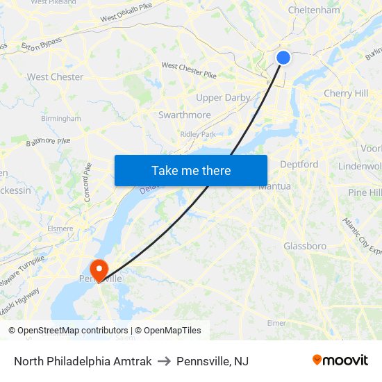 North Philadelphia Amtrak to Pennsville, NJ map