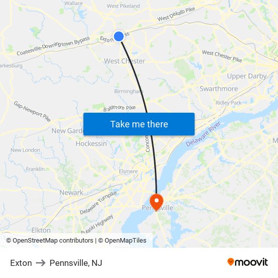 Exton to Pennsville, NJ map