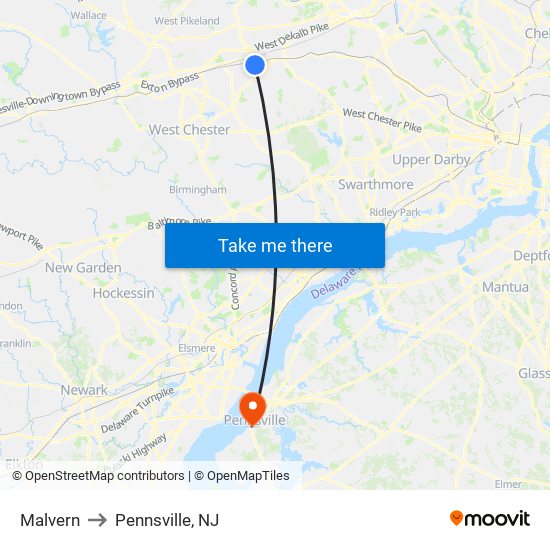 Malvern to Pennsville, NJ map