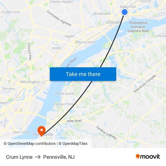 Crum Lynne to Pennsville, NJ map