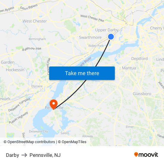 Darby to Pennsville, NJ map