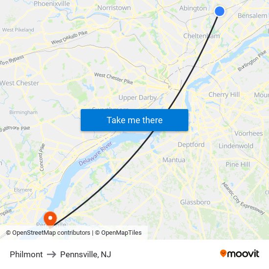 Philmont to Pennsville, NJ map