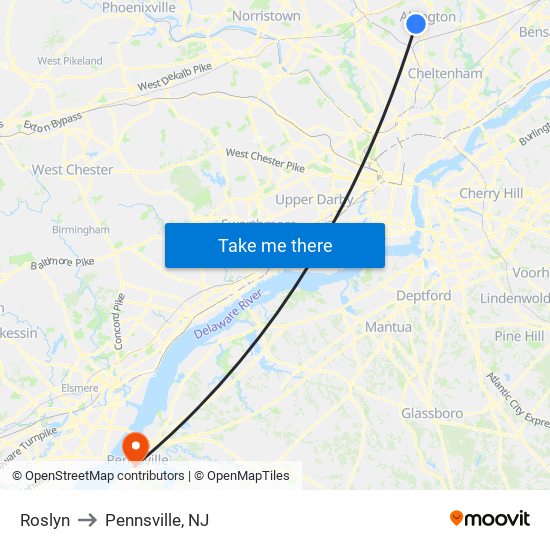 Roslyn to Pennsville, NJ map