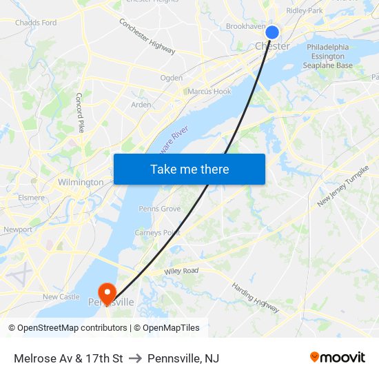 Melrose Av & 17th St to Pennsville, NJ map