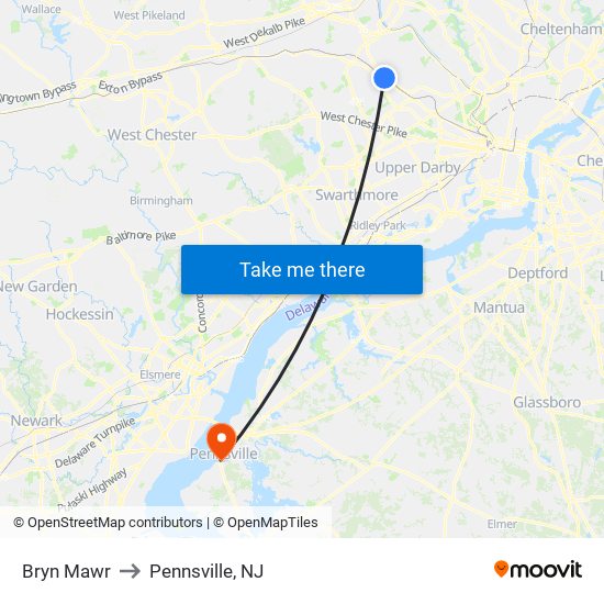 Bryn Mawr to Pennsville, NJ map