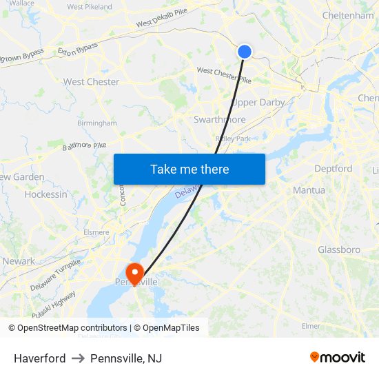 Haverford to Pennsville, NJ map