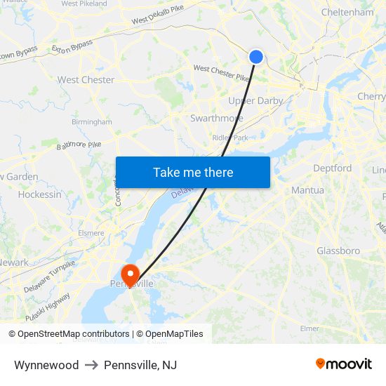 Wynnewood to Pennsville, NJ map
