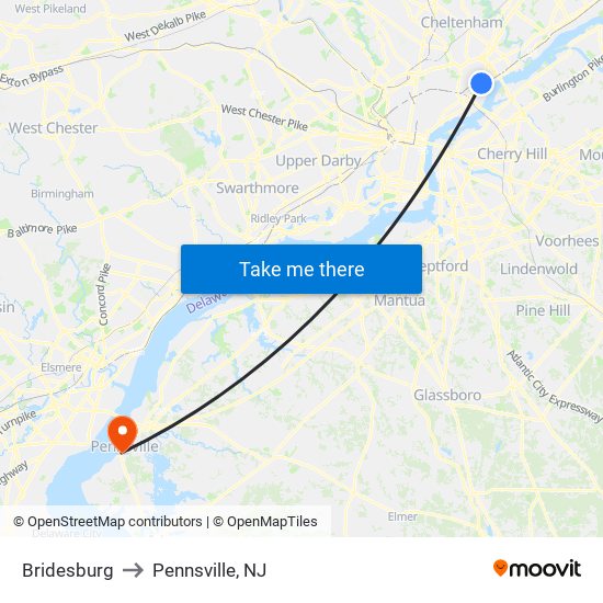 Bridesburg to Pennsville, NJ map