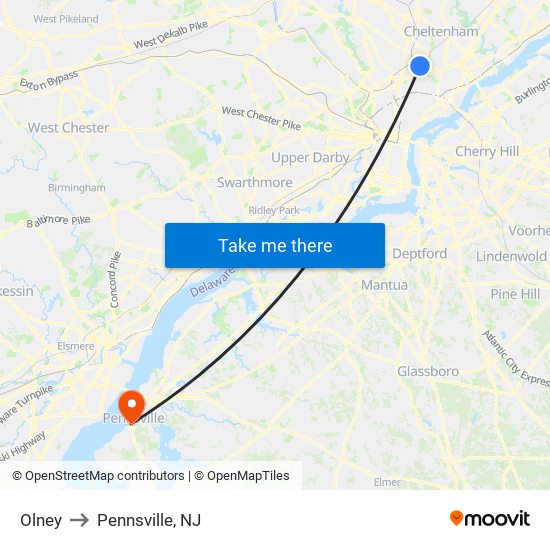 Olney to Pennsville, NJ map