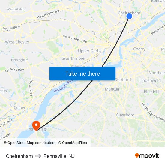 Cheltenham to Pennsville, NJ map