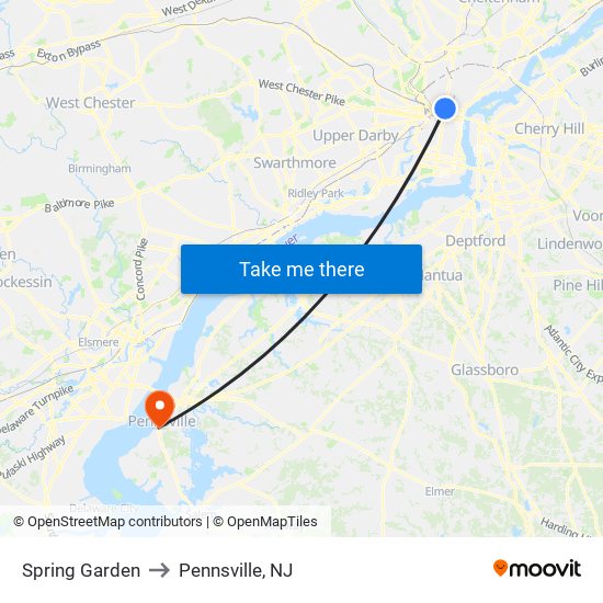 Spring Garden to Pennsville, NJ map