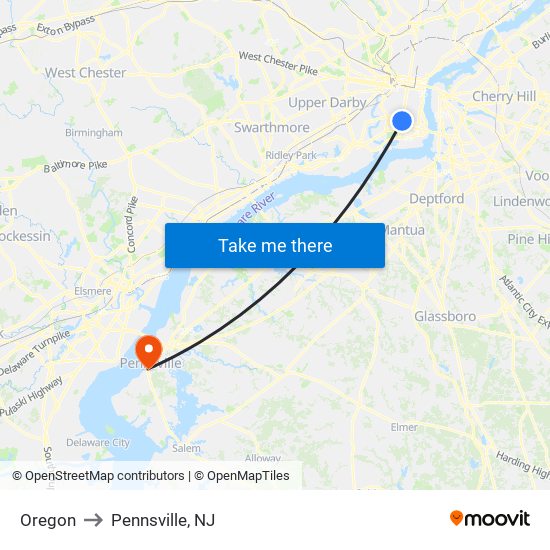 Oregon to Pennsville, NJ map