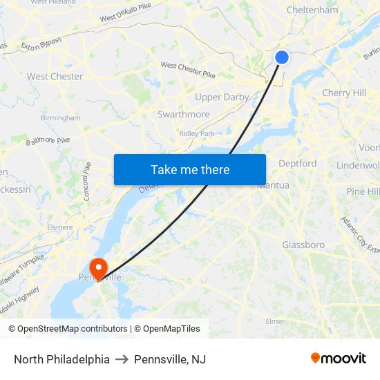 North Philadelphia to Pennsville, NJ map