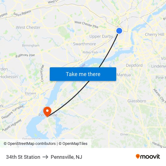 34th St Station to Pennsville, NJ map