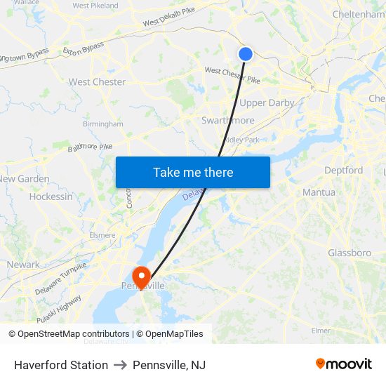 Haverford Station to Pennsville, NJ map