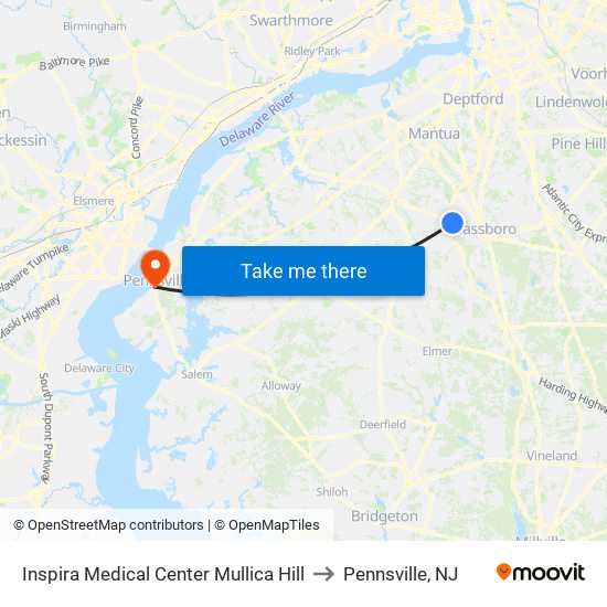 Inspira Medical Center Mullica Hill to Pennsville, NJ map