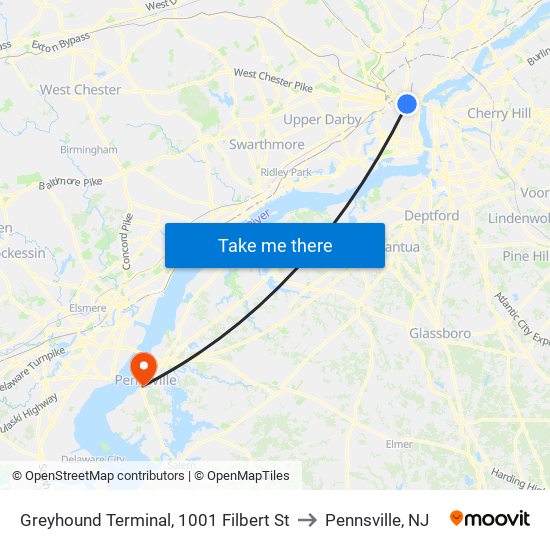 Greyhound Terminal, 1001 Filbert St to Pennsville, NJ map