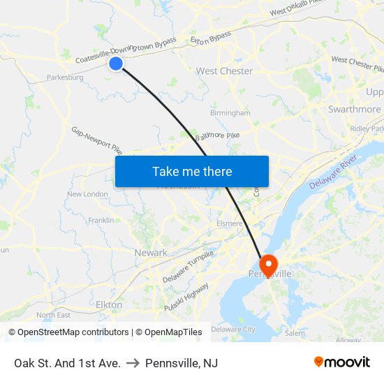 Oak St. And 1st Ave. to Pennsville, NJ map