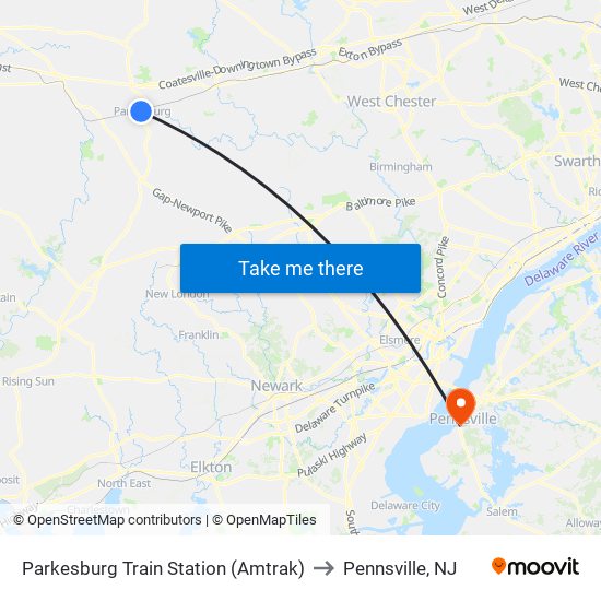 Parkesburg Train Station (Amtrak) to Pennsville, NJ map