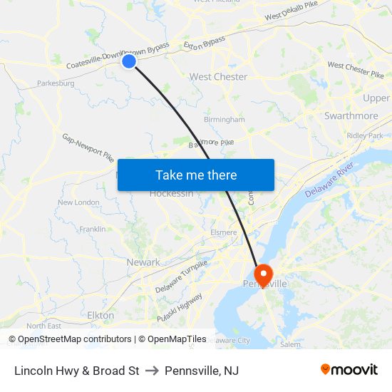 Lincoln Hwy & Broad St to Pennsville, NJ map