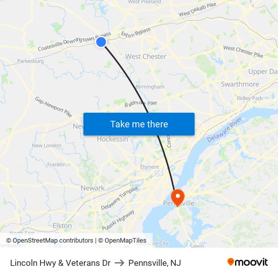 Lincoln Hwy & Veterans Dr to Pennsville, NJ map