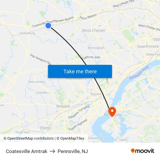 Coatesville Amtrak to Pennsville, NJ map