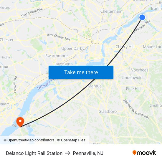 Delanco Light Rail Station to Pennsville, NJ map