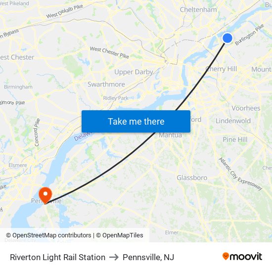 Riverton Light Rail Station to Pennsville, NJ map