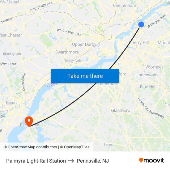 Palmyra Light Rail Station to Pennsville, NJ map