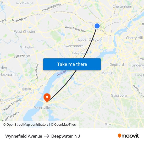 Wynnefield Avenue to Deepwater, NJ map