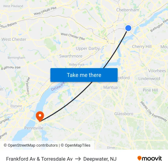 Frankford Av & Torresdale Av to Deepwater, NJ map