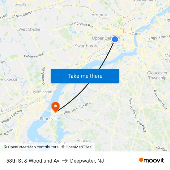 58th St & Woodland Av to Deepwater, NJ map