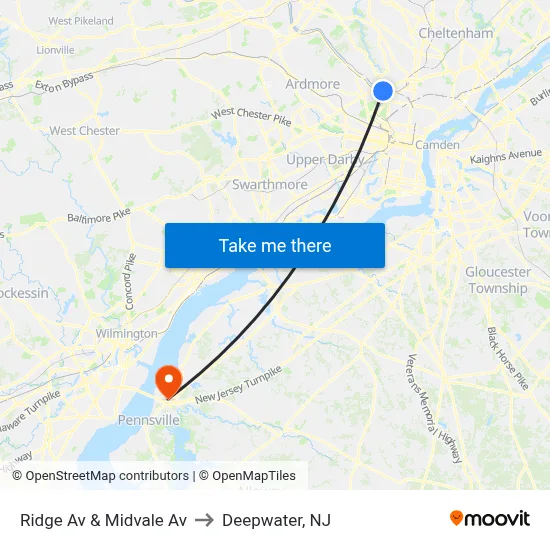 Ridge Av & Midvale Av to Deepwater, NJ map