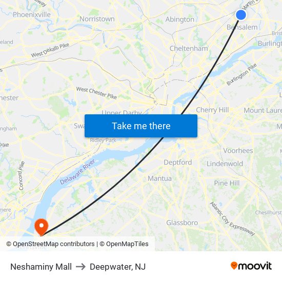 Neshaminy Mall to Deepwater, NJ map