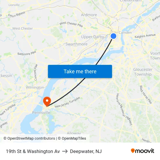 19th St & Washington Av to Deepwater, NJ map